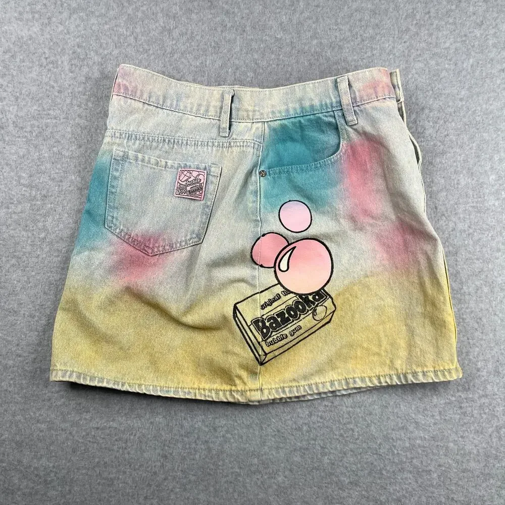Justice Jean Skirt High Rise Ring Pop Bazooka Gum Colorful Logo Lined Size 16